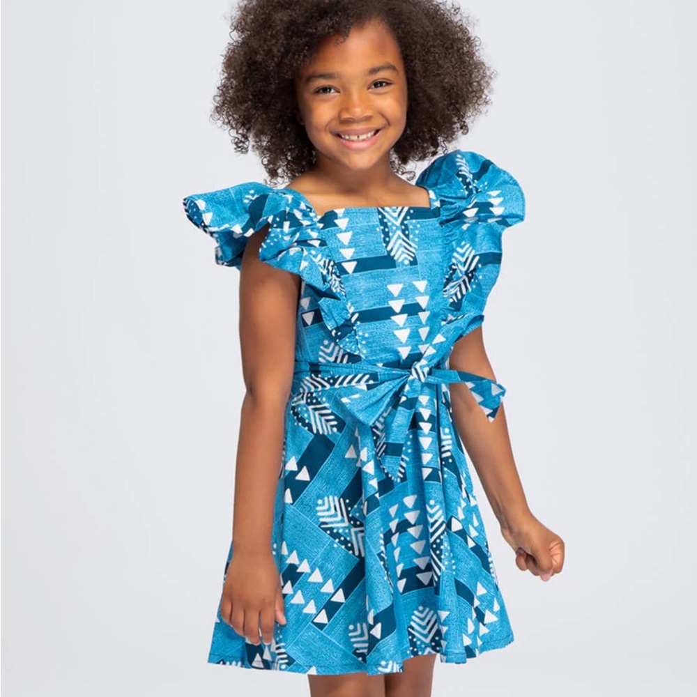 Labala African Print Girl's Butterfly Sleeve Dress in Navy White Mudcloth